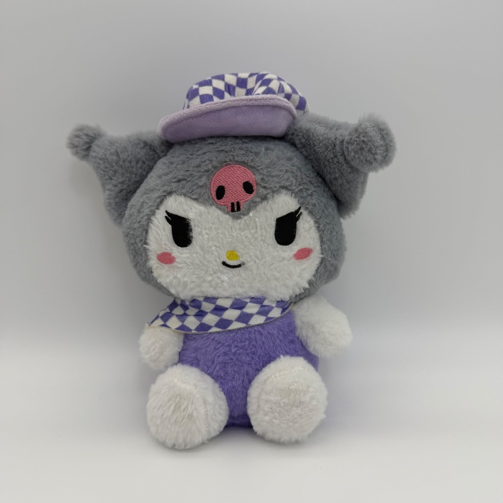 Sanrio Kuromi Plush Purple Checkered Hat Scarf Grey White Stuffed Toy 7 Inch